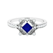 ROSEC JEWELS Antique Style Created Blue Sapphire Ring with Diamond Accent (0.75 CT), 925 Sterling Silver, US 4.00