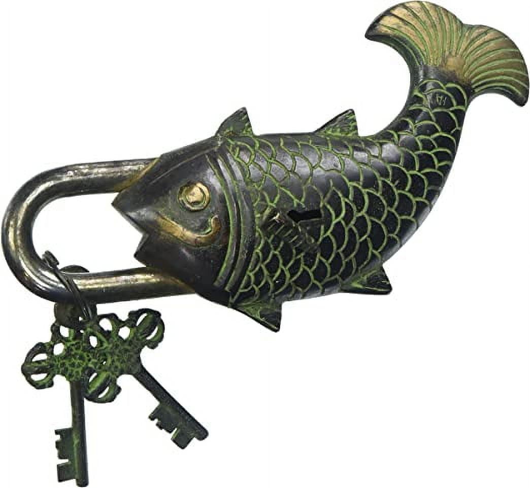 Antique Style Fish Type Padlock - Lock with Key - Brass Made - Black ...