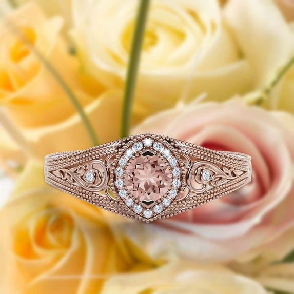 Antique Style Gorgeous Art Deco 1.25 Carat Round Cut Morganite And Diamond Moissanite Unique Engagement Ring, Vintage Look Wedding Ring In 10K Solid Rose Gold, Promise Ring, Anniversary Ring