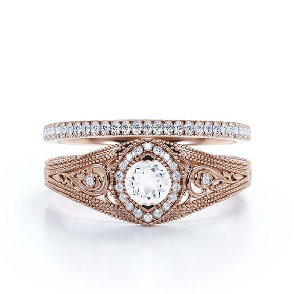 Antique Style Gorgeous Art Deco 1.75 Carat Round Cut Diamond Moissanite Unique Engagement Ring, Vintage Look Wedding Ring In 10K Solid Rose Gold, Gift For Her, Promise Ring, Bridal Rings Set