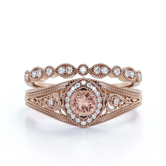 Antique Style Gorgeous Art Deco 1.75 Carat Round Cut Morganite And Diamond Moissanite Unique Engagement Ring, Vintage Look Wedding Ring In 10K Solid Rose Gold, Promise Ring, Bridal Rings Set