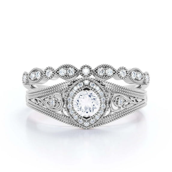 Antique Style Gorgeous Art deco 1.75 Carat Round Cut Diamond Moissanite Unique Engagement Ring, Vintage Look Wedding Ring in 10k Solid White Gold, Gift For Her, Promise Ring, Bridal Rings Set