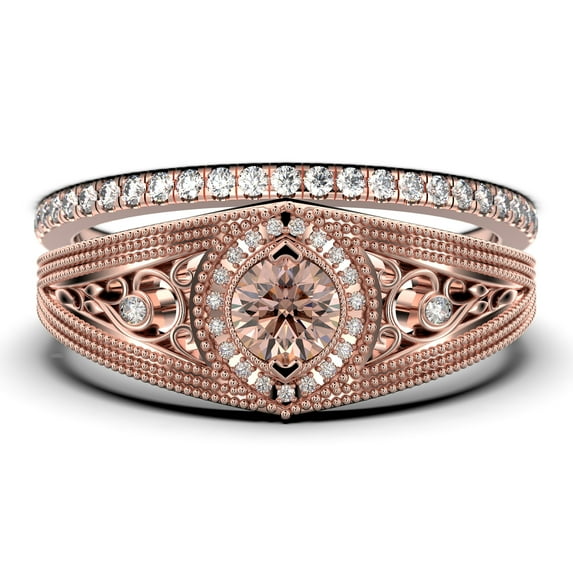 Antique Style Gorgeous Art deco 1.75 Carat Round Cut Morganite And Diamond Moissanite Unique Engagement Ring, Vintage Look Wedding Ring in 10k Solid Rose Gold, Promise Ring, Bridal Rings Set