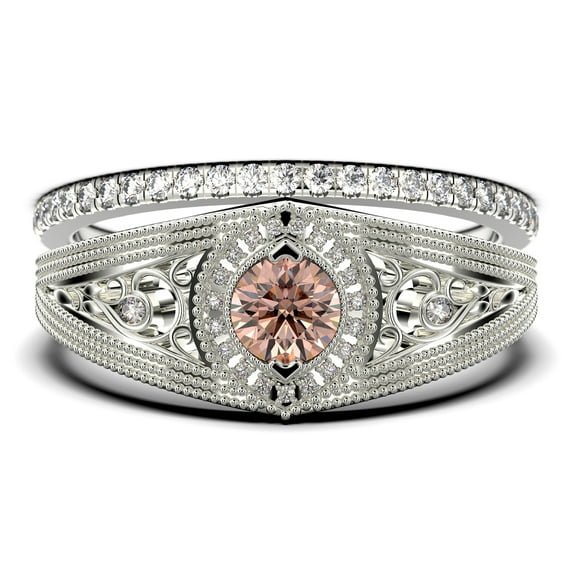 Antique Style Gorgeous Art deco 1.75 Carat Round Cut Morganite And Diamond Moissanite Unique Engagement Ring, Vintage Look Wedding Ring in 10k Solid White Gold, Promise Ring, Bridal Rings Set