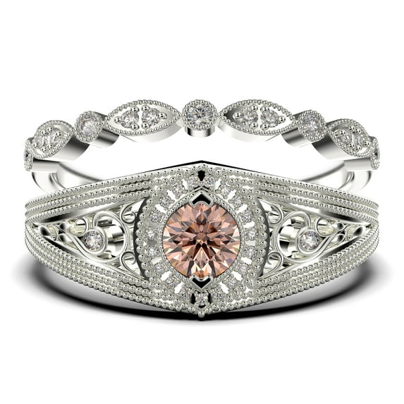 Antique Style Gorgeous Art deco 1.75 Carat Round Cut Morganite And Diamond Moissanite Unique Engagement Ring, Vintage Look Wedding Ring in 10k Solid White Gold, Promise Ring, Bridal Rings Set