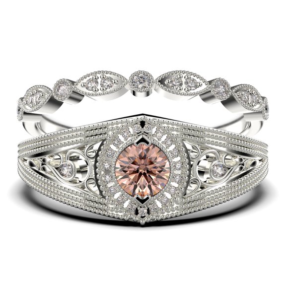 Antique Style Gorgeous Art deco 1.75 Carat Round Cut Morganite And Diamond Moissanite Unique Engagement Ring, Vintage Look Wedding Ring in 10k Solid White Gold, Promise Ring, Bridal Rings Set