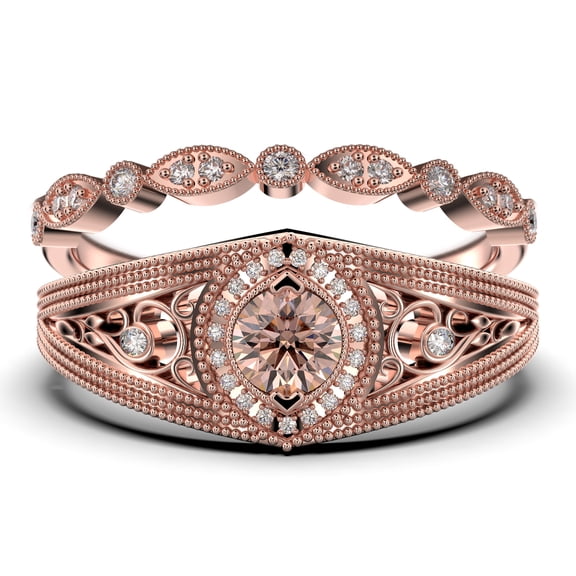 Vintage 1.75 Carat Round Cut Morganite & Moissanite Bridal Set in 10k Rose Gold