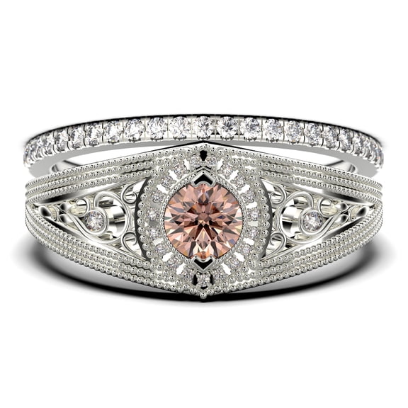 Vintage 1.75 Carat Round Cut Morganite & Moissanite Bridal Set in 10k White Gold
