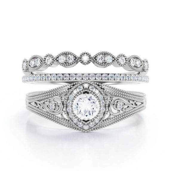 Antique Style Gorgeous Art deco 2.25 Carat Round Cut Diamond Moissanite Unique Engagement Ring, Vintage Look Wedding Ring in 10k Solid White Gold, Gift For Her, Promise Ring, Trio Rings Set