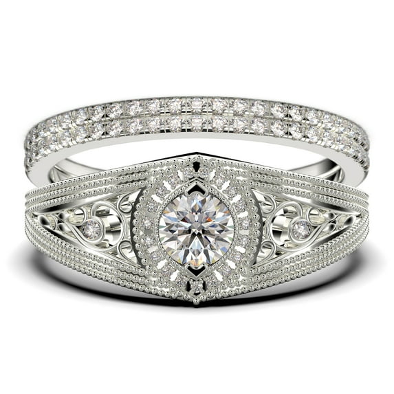 Antique Style Gorgeous Art deco 2.25 Carat Round Cut Diamond Moissanite Unique Engagement Ring, Vintage Look Wedding Ring in 10k Solid White Gold, Promise Ring, Trio Rings Set