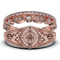 Antique Style Gorgeous Art deco 2.25 Carat Round Cut Morganite And Diamond Moissanite Unique Engagement Ring, Vintage Look Wedding Ring in 10k Solid Rose Gold, Promise Ring, Trio Rings Set