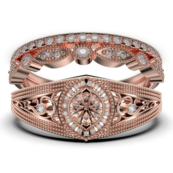 Antique Style Gorgeous Art deco 2.25 Carat Round Cut Morganite And Diamond Moissanite Unique Engagement Ring, Vintage Look Wedding Ring in 10k Solid Rose Gold, Promise Ring, Trio Rings Set