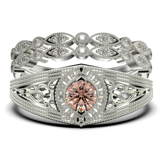 Antique Style Gorgeous Art deco 2.25 Carat Round Cut Morganite And Diamond Moissanite Unique Engagement Ring, Vintage Look Wedding Ring in 10k Solid White Gold, Promise Ring, Trio Rings Set