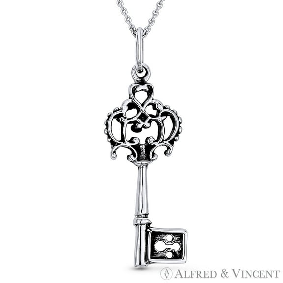 Antique-Style Key Charm Pendant & Cable Chain Necklace in .925 Sterling Silver