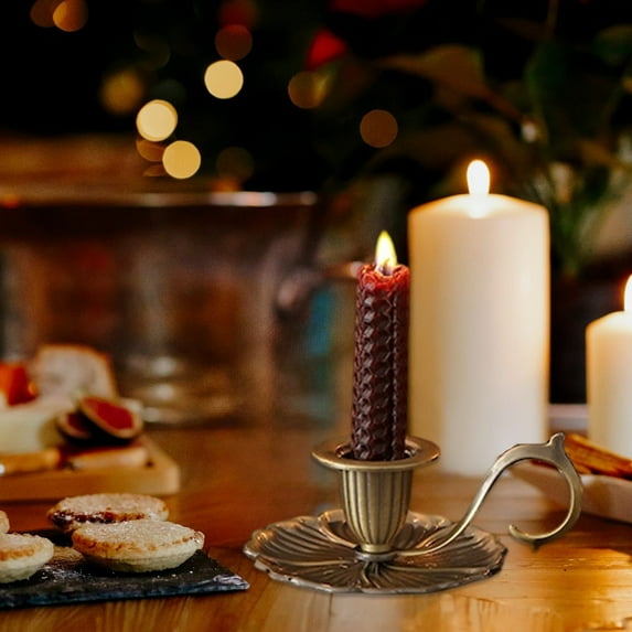 Antique Style Metal Taper Candlestick In Brass, Silvery, And Bronzed Finishes, A Vintage Accent For Enhancing Holiday Table Decor During Christmas, Thanksgiving, And Wedding Receptions