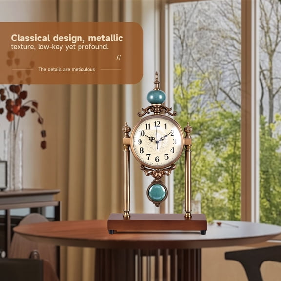 Antique Style Pendulum Table Clock, Golden Metal Frame Wooden Base Silent Decorative Mantel Clock for Home