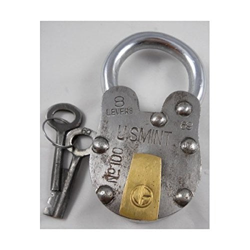 Antique Style U S Mint Padlock w/ 2 Skeleton Keys