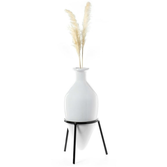Antique Style Vase, Old Fashioned Amphora, Decorative Large Tall Unique Vase on Slim Black Metal Tripod Stand,