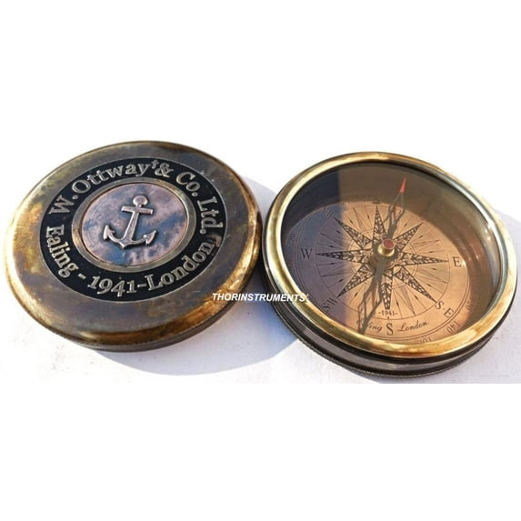 Antique Style W Ottway's Collectible Brass Compass with Leather Case Large Poem Compass