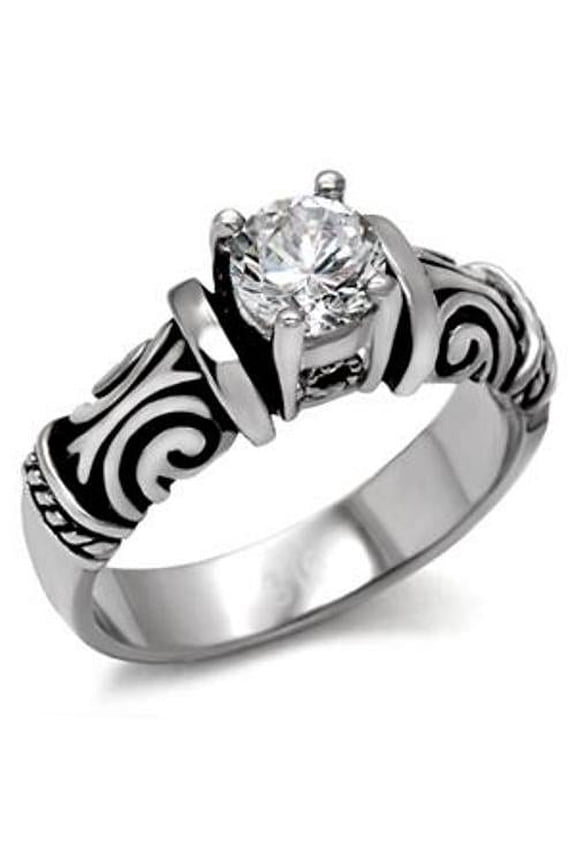 Antique Style Women's 5x5mm Round CZ Stainless Steel Wedding Bridal Ring - Size 6