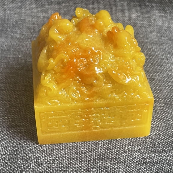 Antique Style Yellow Imitation Jade Dragon Seal Stamp Feng Shui Figurine Collectible Office Home Decor Ornament