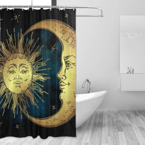 Antique Sun Moon and Stars Bath Shower Curtain Liners - 60x72in - 100% Polyester - Waterproof Bath Curtain with C-Shaped Hooks for Bathroom Decoration 1 Panel