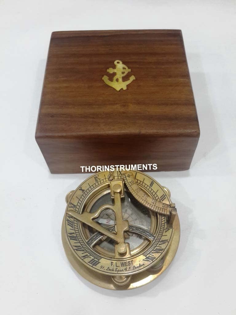 Antique Sundial Compass FL London - Solid Brass With Anchor Box Free