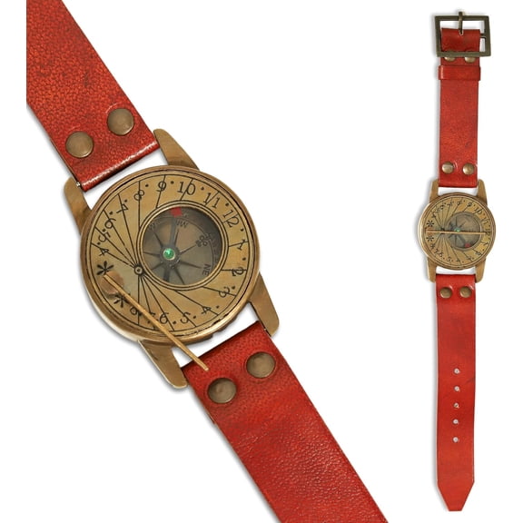 Antique Sundial Compass with Leather Strap | Vintage West London 2.5 Inch Brass Compass | Nautical Maritime Gift, Collectible, Steampunk Style, Handmade Antique & Brown Finish Gift