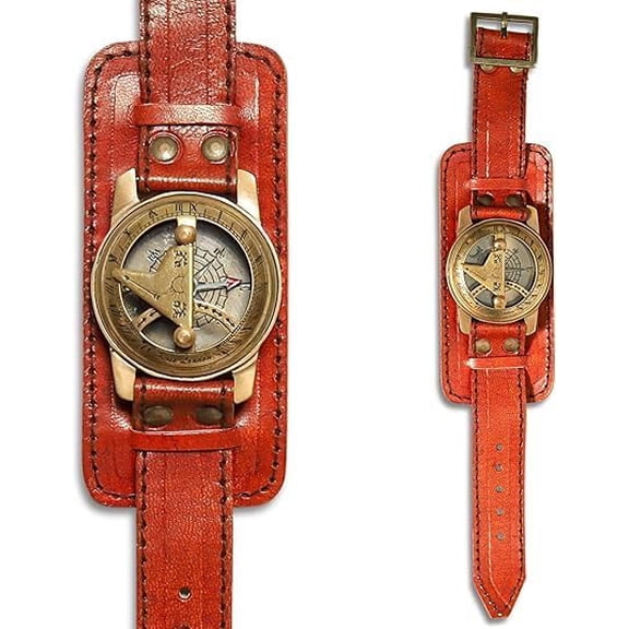 Antique Sundial Compass with Leather Strap | 2.5 Inch Brass Wrist Compass | Gift, Collectible, Steampunk Style, Handmade Antique & Light Brown