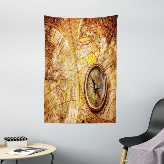 Antique Tapestry, Compass on an Ancient World Map Historic Borders Century-Old Antiquity Theme, Wall Hanging for Bedroom Living Room Dorm Decor, 40W X 60L Inches, Yellow Orange, by Ambesonne