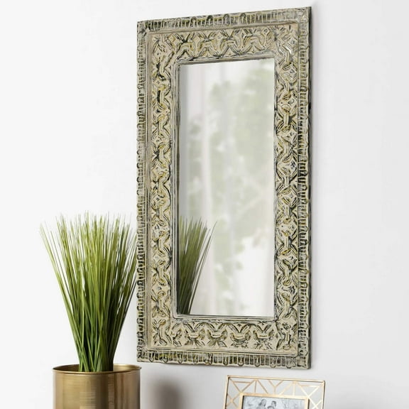 Antique Teak Wood Carved Window Upcycled Large Mirror | Natural Distressed Aged Wall Mirror | Moorish Arched Hanging | Farmhouse Rustic