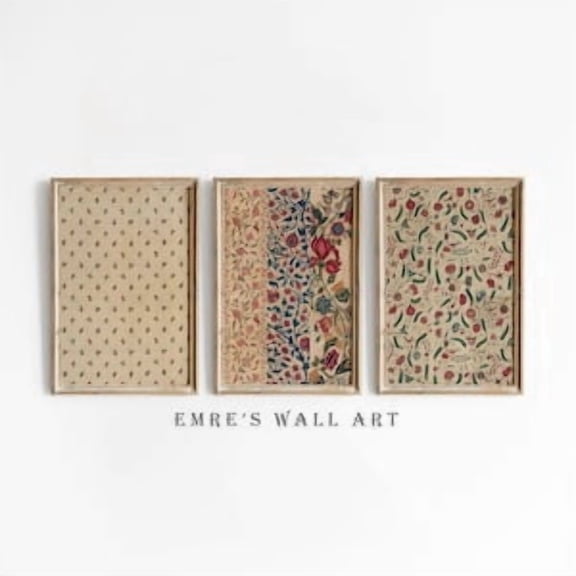 Antique Textile Pattern Print Set: Rustic Botanical Gallery Wall Art, Poster Only