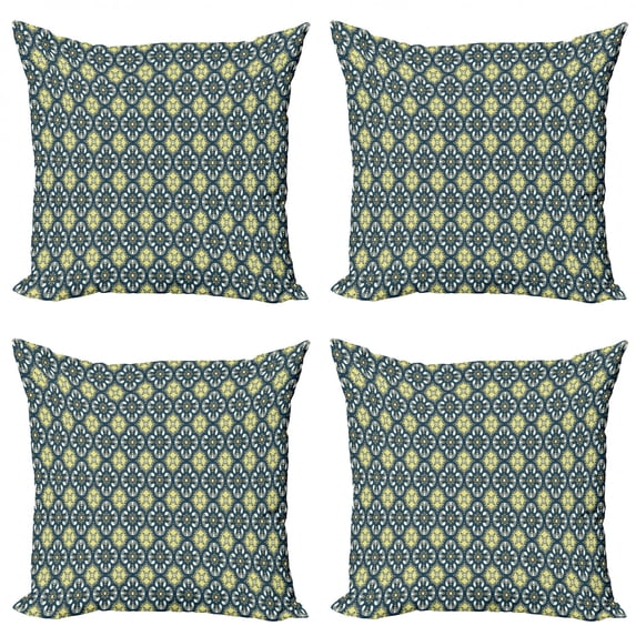 Ambesonne Antique Throw Pillow Cover 4 Pack, Renaissance Tile Art, 16", Pale Yellow Dark Blue