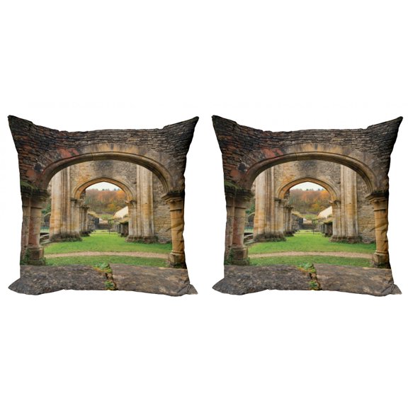 Ambesonne Antique Throw Pillow Cover 2 Pack, Autumn Ruins View, 24", Sand Brown and Green