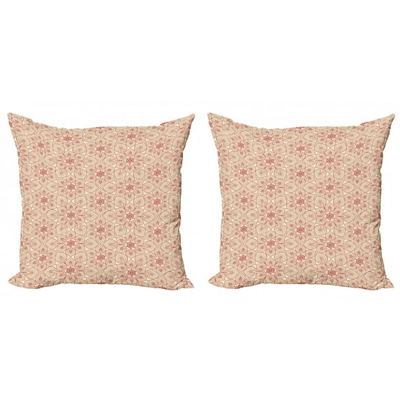 Ambesonne Antique Throw Pillow Cover 2 Pack, Curvy Flowers, 16", Dark Coral Beige