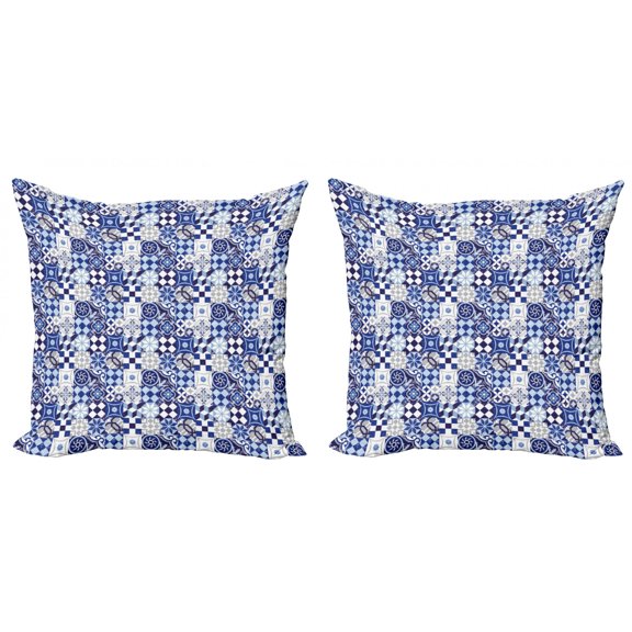 Ambesonne Antique Throw Pillow Cover 2 Pack, Traditional Vintage Mosaic, 20", Blue Navy Blue White