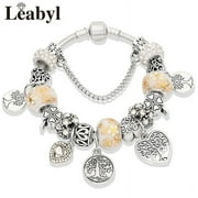 LNYULONG Antique Tibetan Silver Tree of Life Charm Bracelets Green Crystal Flower Bead Bracelet with Heart Diy Jewelry Pulsera Mujer