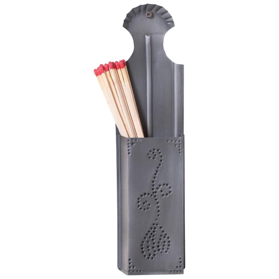 Antique Tin Long Match Holder - Fireplace Matchstick Storage - 13.5" Tall Decorative Holder