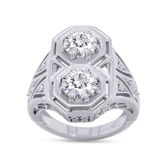 Antique Toi Et Moi Diamond Engagement Ring, Hexagon Shank Ring, Openwork Filigree Diamond Wedding Ring, 925 Sterling Silver, 2.2 Ct Simulated Diamond, Anniversary Gift Ring For Wife