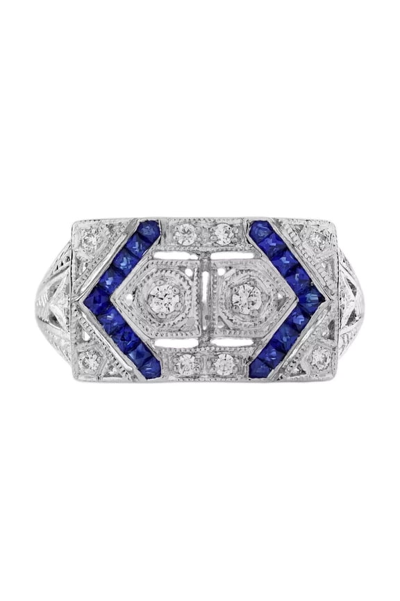 Antique Toi Et Moi Diamond Engagement Ring, Vintage Art Deco Filigree Shank Ring, Rectangle Shape Blue Sapphire Halo Ring, 1.8 Ct Round Simulated Diamond, 925 Sterling Silver