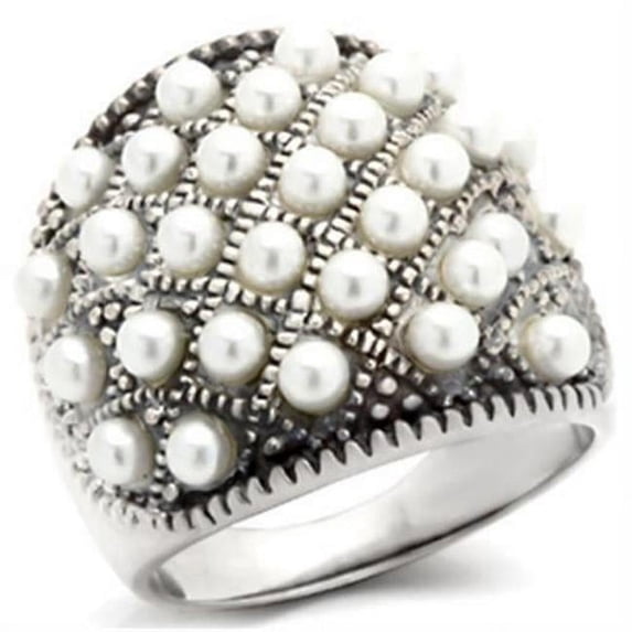 Antique Tone 925 Sterling Silver Ring with Synthetic Pearl, White - Size 5