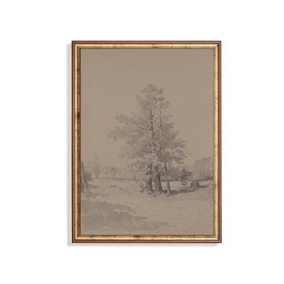 Antique Tree Landscape Drawing Sepia Vintage Farmhouse Poster Unframed Paper Print