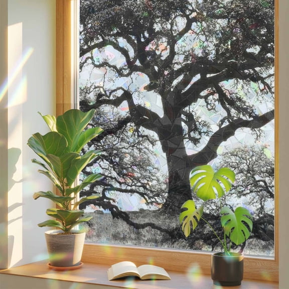 Antique Tree Window Privacy Film Rainbow Static Cling Stain Glass Window Film for Glass Door, Decorative UV Blocking Sunroof Decal Sticker for Car 19.6"x39.3" Tree Trunk Vintage Rustic Country