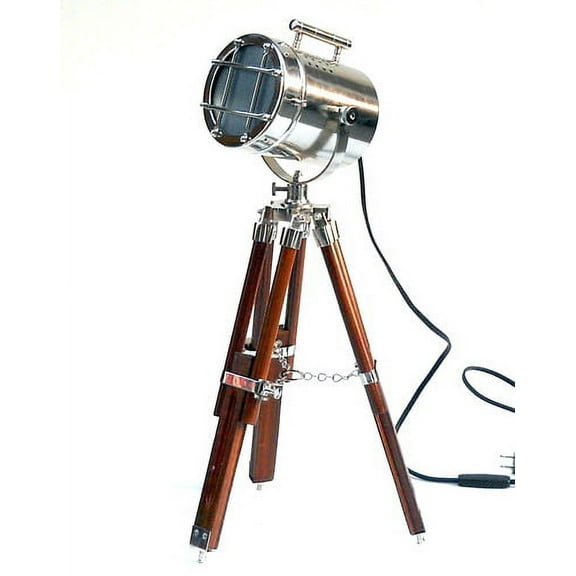 Antique Tripod Style Vintage Model searchlight Wood Tripod Lamps LED spotlights Marine (Brown-Silver)