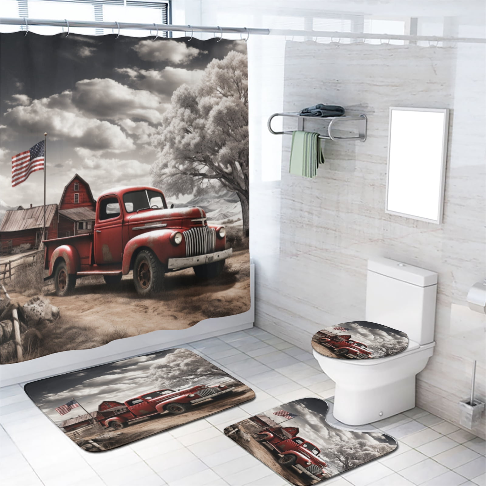 Antique Truck 4 Piece Shower Curtain Sets Vintage Wooden Red Barn American Old Car Rustic Farmhouse with Toilet Lid Cover and Bath Mat, Waterproof Shower Curtain with 12 Hooks, 72x72 Inch