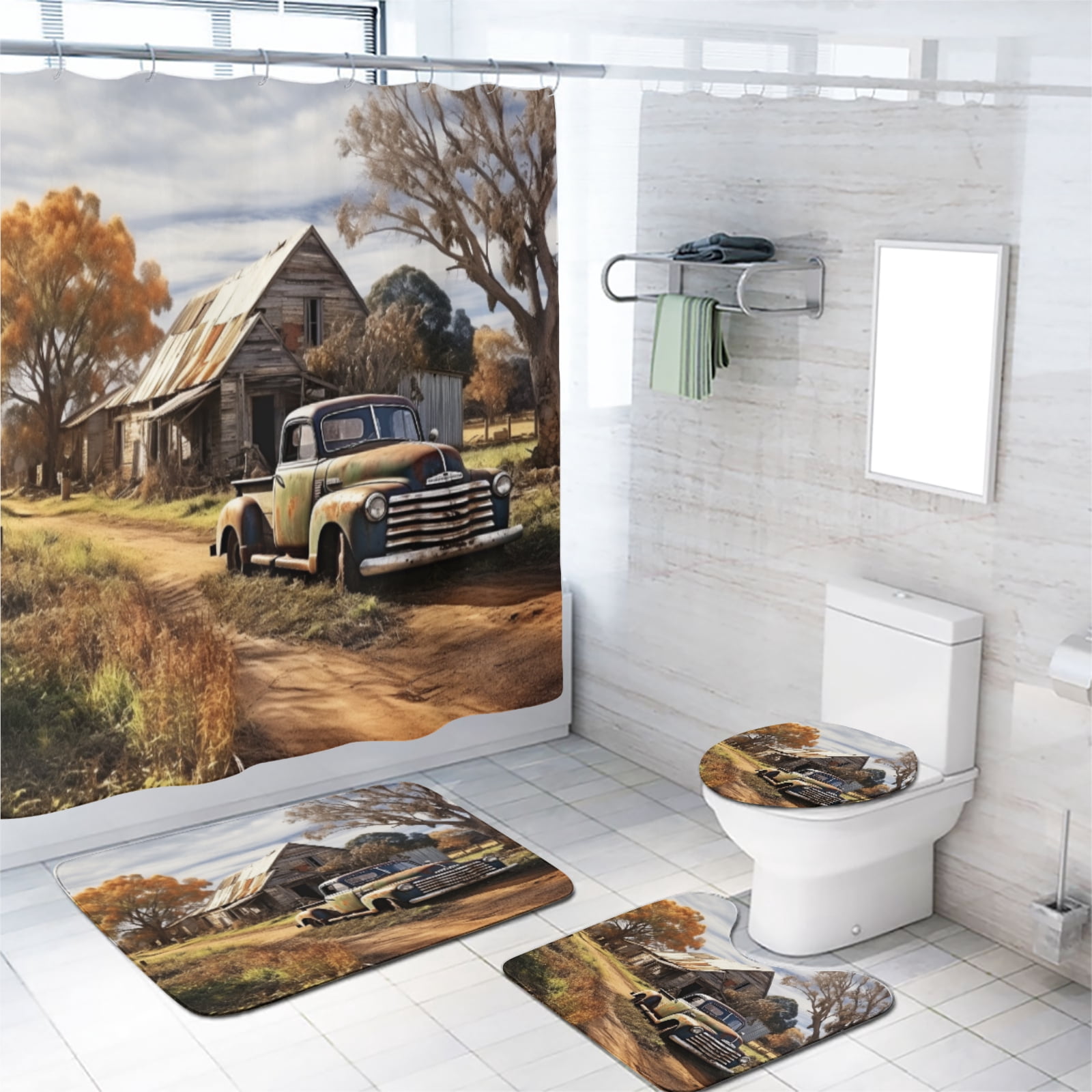 Antique Truck Shower Curtain Set Western Truck Car Rustic Farmhouse Wooden Barn with Non-Slip Rugs, Toilet Lid Cover and Bath Mat, Durable and Waterproof, for Bathroom Decor Set, 72x72 Inch