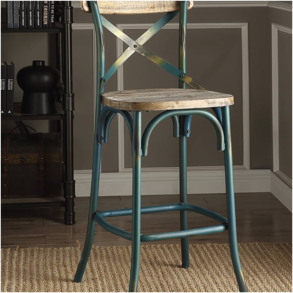 Antique Turquoise Cross Back Bar Stool with Oak Wood Seat and Metal Footrest for Kitchen Island