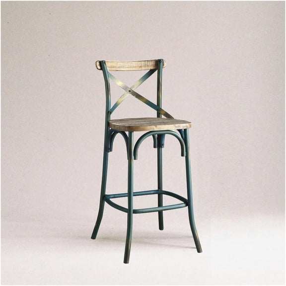 Antique Turquoise Vintage Industrial Bar Stool with X-Back & Wood Seat, Metal Frame Counter Height Chair for Kitchen Island, Pub