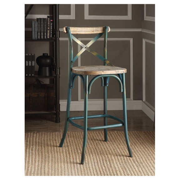 Turquoise Bar Stool - Antique Oak Finish - 43.5" Cross Back Bar Chairs for Kitchen Counter & Island - Vintage Style Pub Stools - Wood Seat with Footrest