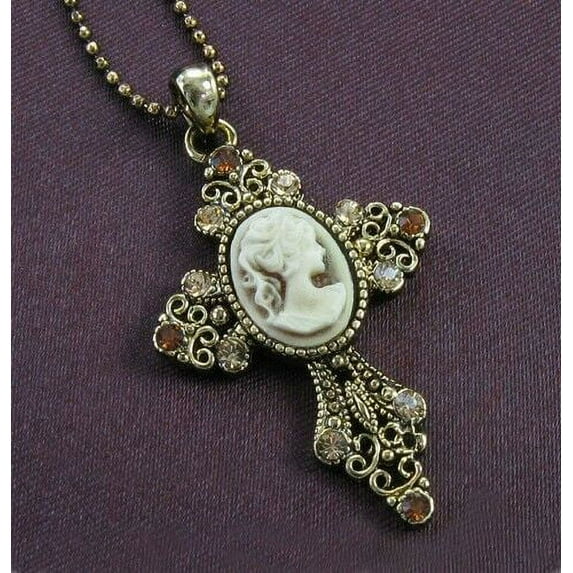 Antique VTG Style Topaz Brown Rhinestone Designer Cameo Cross Necklace Pendant